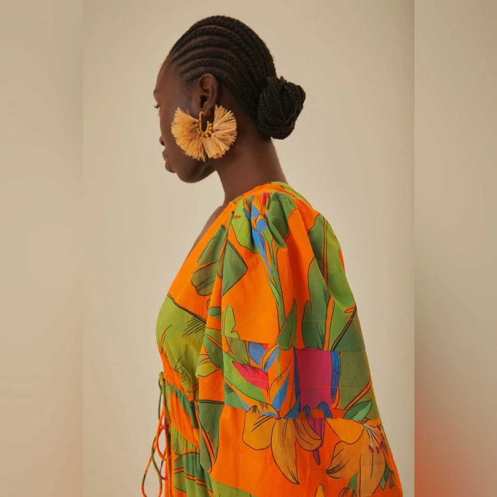 FARM Rio Orange Tropical Maxi Dress with Green Leaf Print - Picture 3 of 4